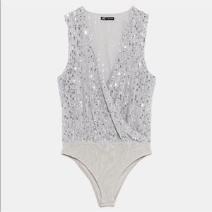Zara Sleeveless Silver Sequin Bodysuit, Size Medium